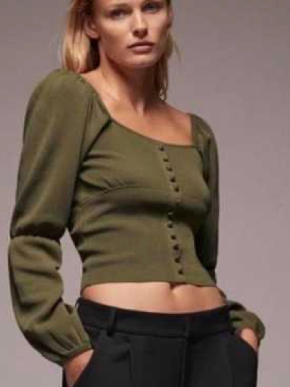 Zara Olive Green Square Neck Button-Front Puff Sleeve Top